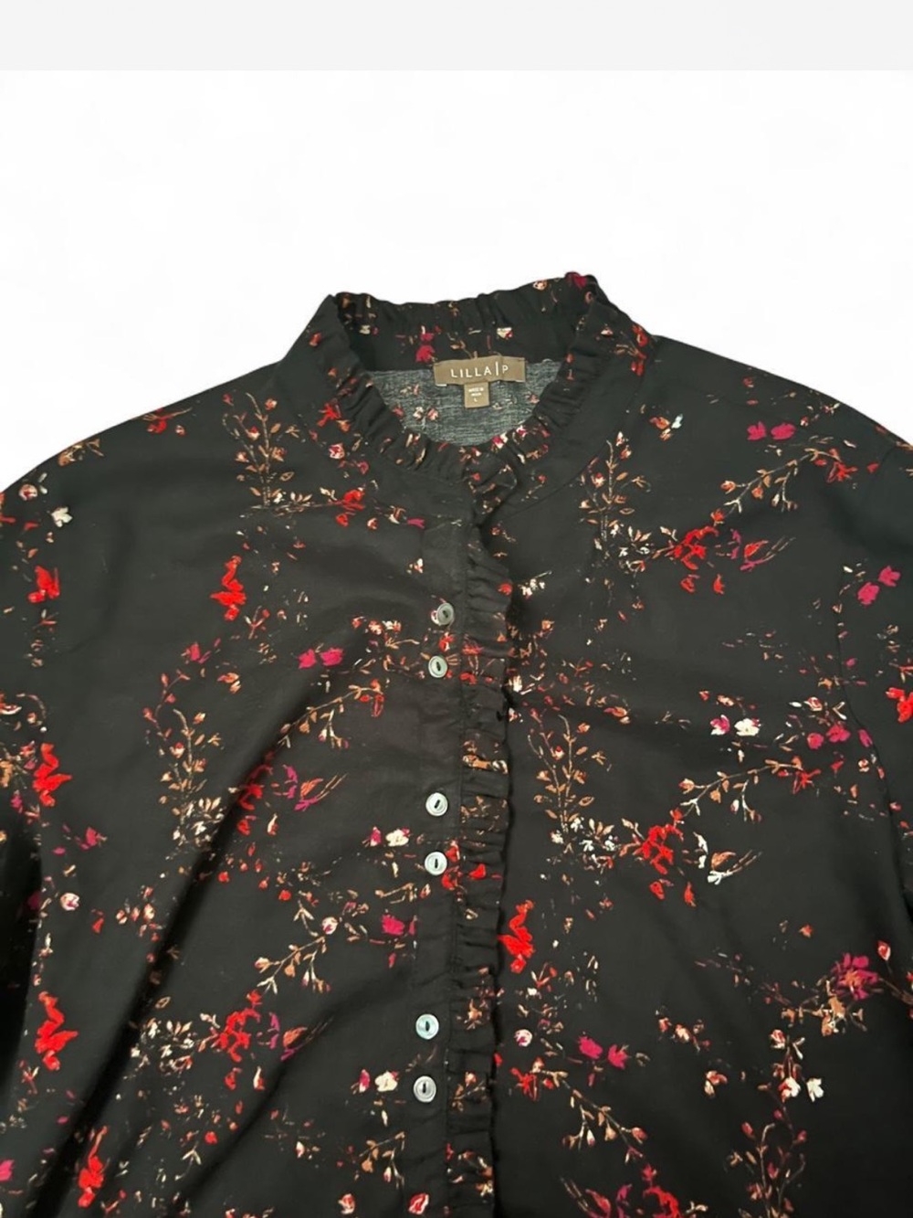 Lilla P Black Button-Up Top with Red & Pink Floral Print - Picture 3 of 4